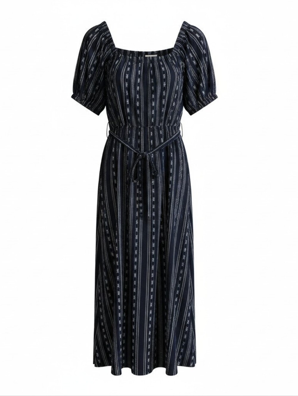 Time and Tru Navy and White Striped Peasant Midi Dress W/tie Waist